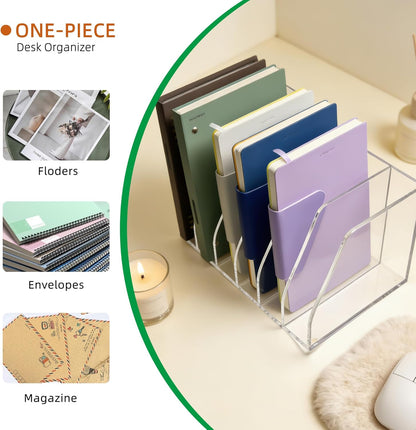 Acrylic Magazine File Holder, 4 Vertical Compartments Desk Document Sorter Organizer, Clear Folder Rack Binder for Office, Tablets, Magazines, Books – Home/Classroom Rack, 5mm Thick
