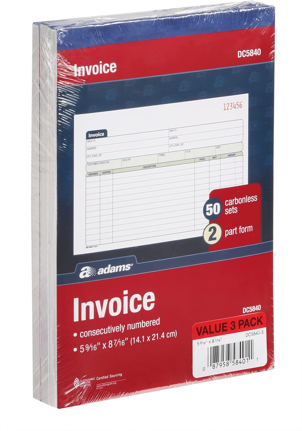 Adams Invoice Book 3 Pack, 2 Part Carbonless Invoices, Horizontal Sales Slip, 5-9/16 x 8-7/16 Inches, 50 Sets per Book (DC5840-3)