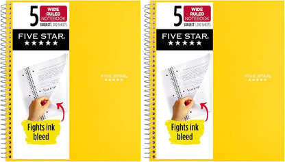 Five Star Spiral Notebook, 5 Subject, Wide Ruled Paper, Fights Ink Bleed, Water Resistant Cover, 8" x 10-1/2", 200 Sheets, Color Will Vary (05206)