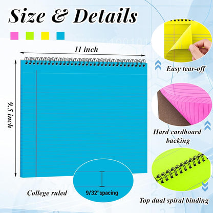 MotiMind 4 Pcs Legal Pads Landscape Notebooks Hole Punched Top Spiral Bound Notebooks 11 x 9.5 Inch College Ruled Drawing Notepad Tear Line for Removal 50 Sheet Office Steno Book(White)