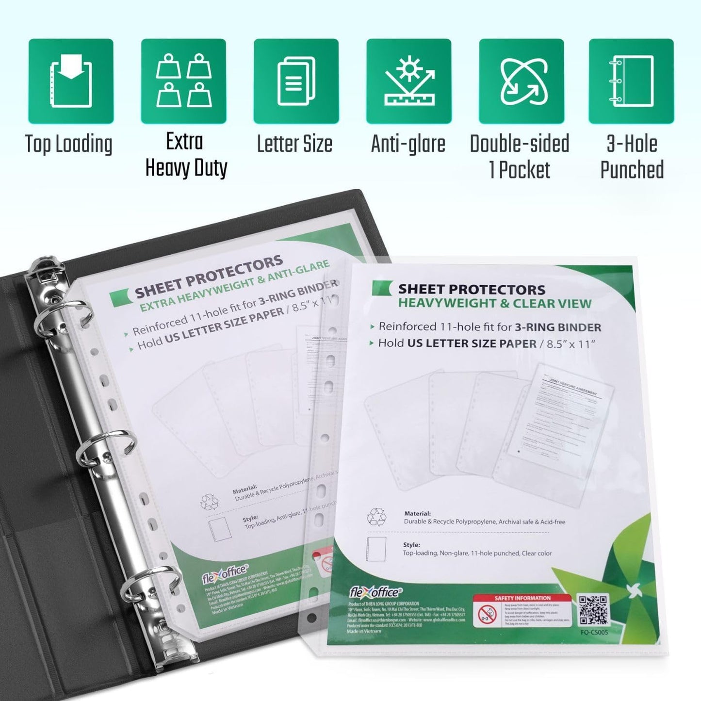 FLEXOFFICE 200 Pack, Extra Heavy Duty Sheet Protectors 8.5 x 11, Non-Glare, Top Loading 9.25 x 11.25 inch, Clear Page Protectors, Plastic Sleeves Reinforced 11-Hole Fit for 3 Ring Binder