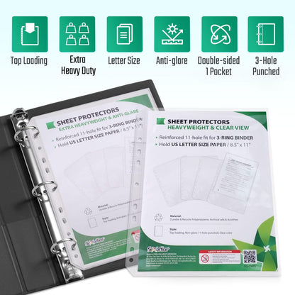 FLEXOFFICE 200 Pack, Extra Heavy Duty Sheet Protectors 8.5 x 11, Non-Glare, Top Loading 9.25 x 11.25 inch, Clear Page Protectors, Plastic Sleeves Reinforced 11-Hole Fit for 3 Ring Binder