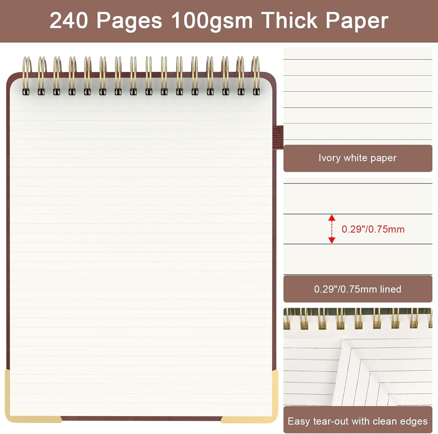 A5 Top Spiral Notebook, Large Leather Hardcover Top Bound Steno Pads, 240 Pages 100 gsm Thick Lined Paper Left Handed Notebook Journal for Work, School, Meeting Writing - Brown, 5.9" x 8.5"