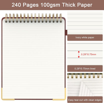 A5 Top Spiral Notebook, Large Leather Hardcover Top Bound Steno Pads, 240 Pages 100 gsm Thick Lined Paper Left Handed Notebook Journal for Work, School, Meeting Writing - Brown, 5.9" x 8.5"