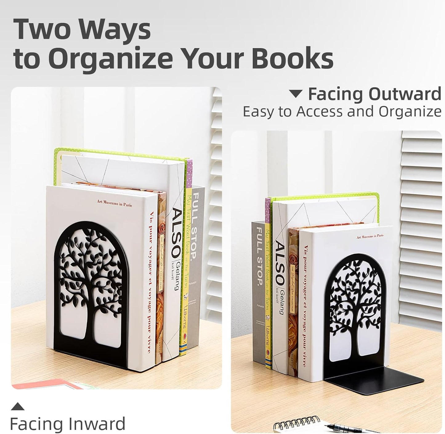 HappyHapi Book Ends, Metal Bookends for Shelves Decorative, Tree Stopper for Heavy Books, Black Ends to Hold Books for Home Office, 6.5 X 4.7 X 3.5 Inch(3 Pairs/6 Pcs, Large)