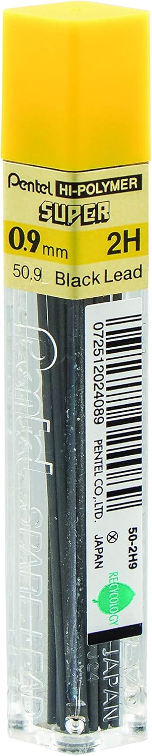 Pentel Super Hi-Polymer Lead Refill, (0.9mm) Thick, 2B, 180 Pieces of Lead, 12 Tubes of Lead (50-9-2B)