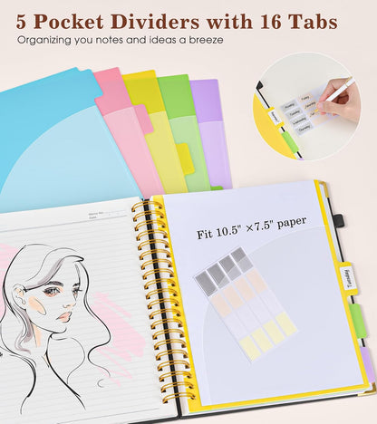 Hardcover Large Spiral Notebook 8.5" x 11" with Removable Dividers Tabs, 300 pages Leather 5 Subject Notebook College Ruled, A4 Journal for Women Men, Notebooks for Work School Note taking,Black