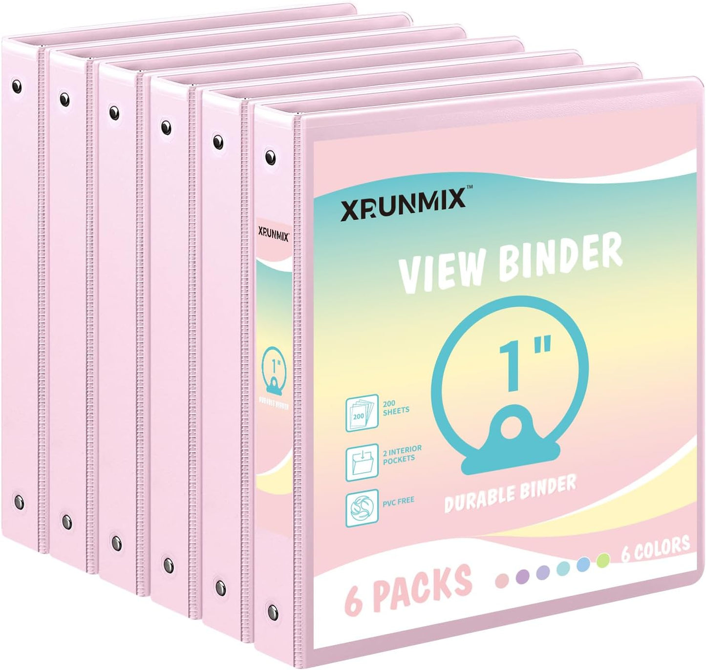 1-inch 3-Ring Binder with Pockets, Basic Binders 1'' Pastel Color Binders, Holds Letter Size 8.5'' x 11'',200 Sheet Capacity, Bundle 6 Pack for Back to School (1-Inch)