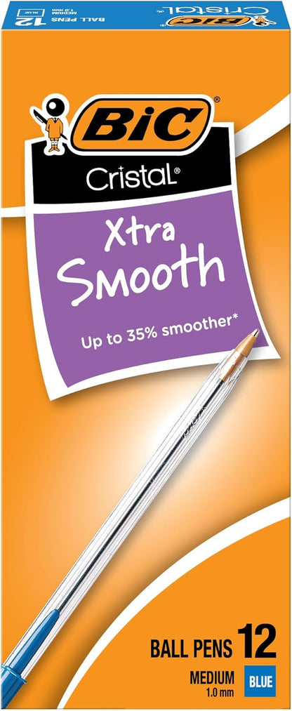 BIC Cristal Xtra Smooth Black Ballpoint Pens, Medium Point (1.0mm), 12-Count Pack, Extra Smooth and Reliable Ballpoint Pens