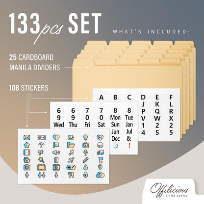 25 Heavyweight Manila Index Card Box Dividers - 3x5 with Tabs & 108 Stickers, Monthly & Recipe Guides, Greeting Card Dividers