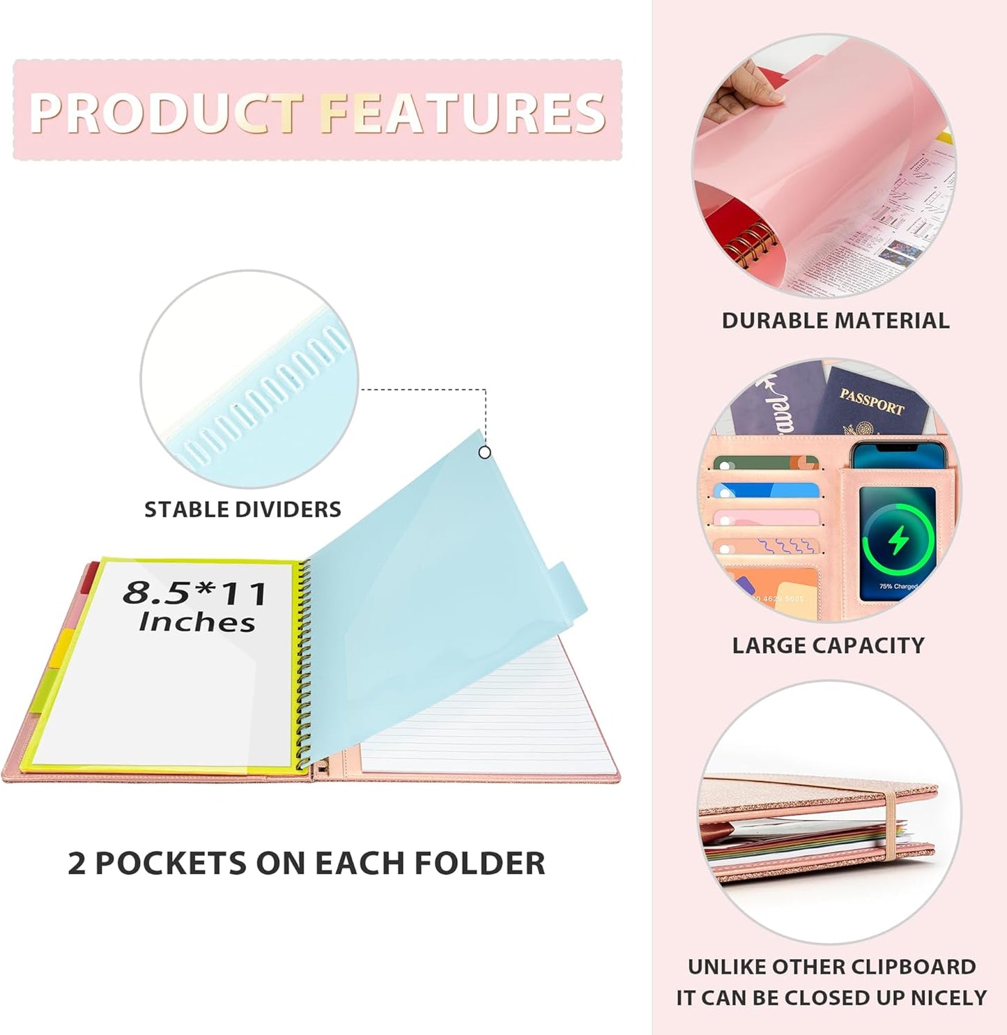 Ospelelf Clipboard with Storage for Women, Leather Padfolio Portfolio Organizer 5 Folders with 10 Pockets, Spiral Clipboard Folio with Notepad for Letter Size, Elastic Closure and Pen Loop Floral