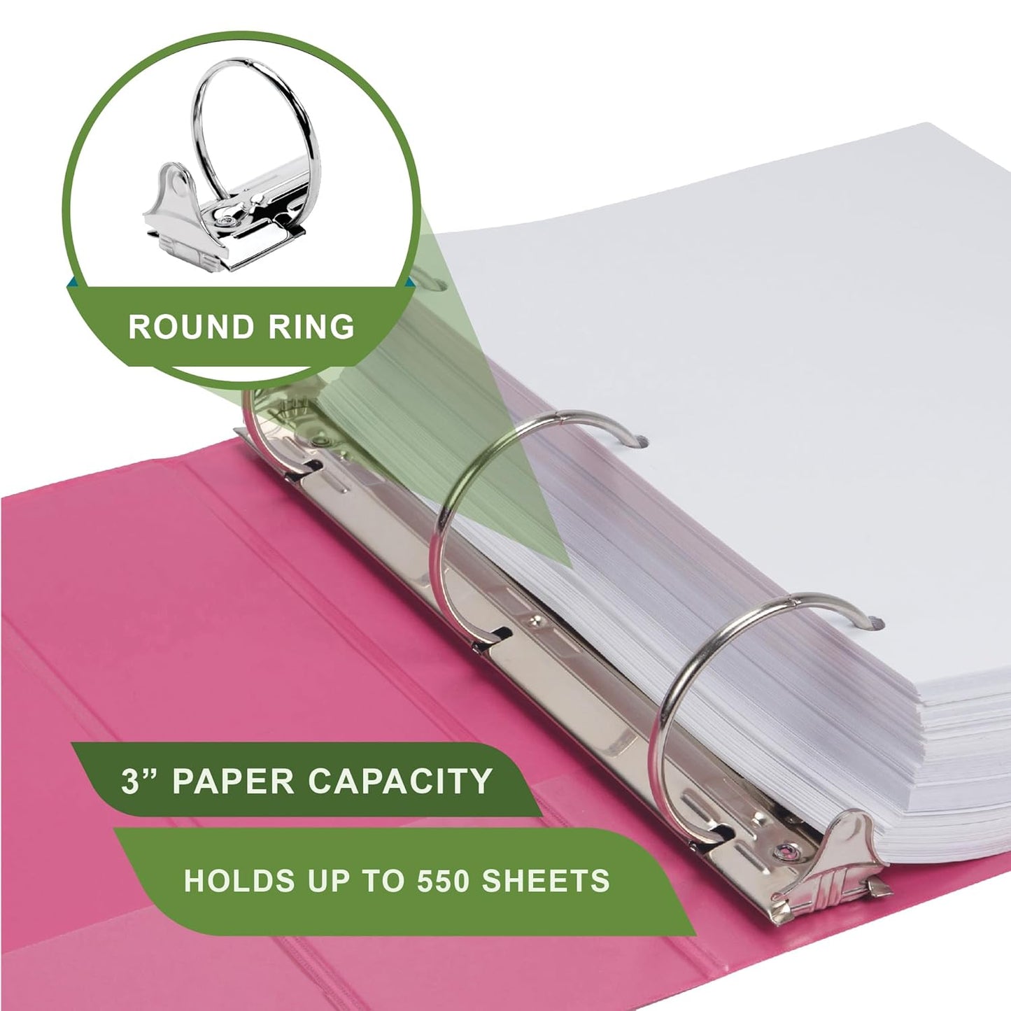 Samsill Plant-Based 3 Inch Durable Round Ring, View Binder, Eco-Friendly, USDA Certified Biobased, Single, Bright Pink