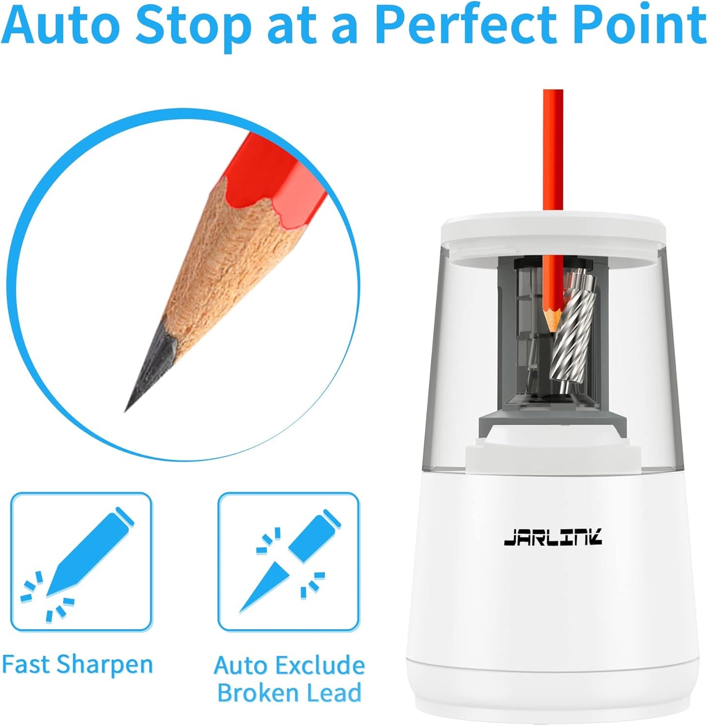 JARLINK Electric Pencil Sharpener, Heavy-Duty Helical Blade to Fast Sharpen, Auto Stop for No.2/Colored Pencils(6-8mm), AC Adapter/Battery Operated in School Classroom/Office/Home (Black)