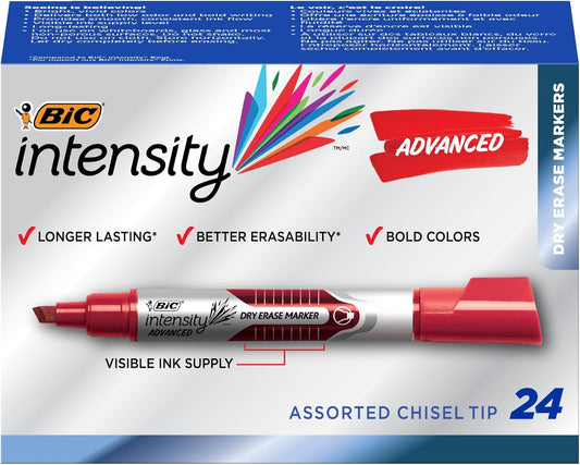 BIC Intensity Advanced Colorful Dry Erase Markers, Chisel Tip, 12-Count Pack of Assorted Colors, Whiteboard Markers for Teachers and Office Supplies