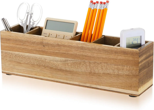 Jetec Wooden Pencil Pen Holder for Desk 6 Compartments Wood Office Desk Organizers for Countertop Adjustable Makeup Brush Organizer Silverware Caddy for Party, Home, Art Supplies(Wood Color)