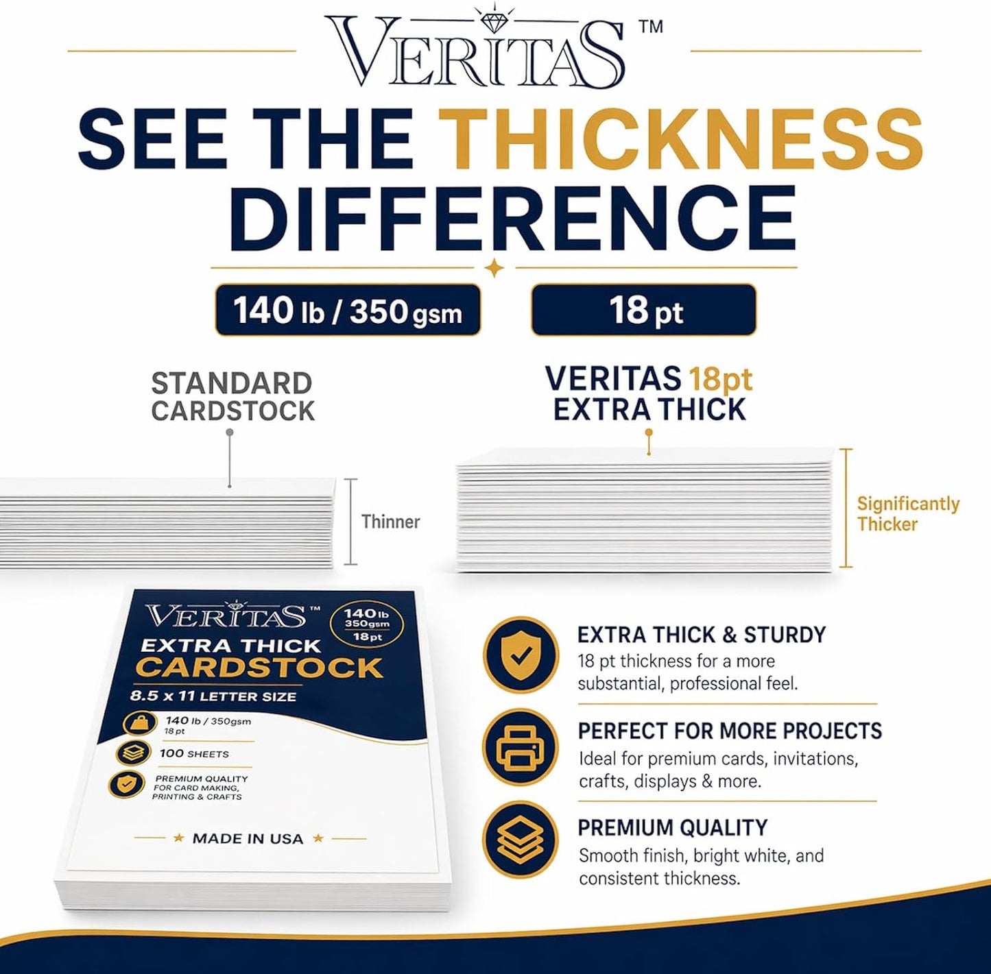 Veritas White Cardstock 8.5 x 11”, 110LB Index/199GSM Heavyweight Card Stock, 100 Sheets, Thick Cardstock Printer Paper for Copy, Printing, Art Projects, Invitations, Made In USA