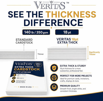Veritas White Cardstock 8.5 x 11”, 110LB Index/199GSM Heavyweight Card Stock, 100 Sheets, Thick Cardstock Printer Paper for Copy, Printing, Art Projects, Invitations, Made In USA