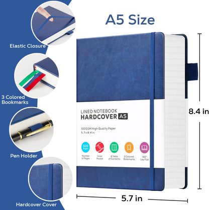 Hardcover Lined Notebook Journal for Writing, 320 Pages Leather Thick College Ruled Notebook Journal with 100GSM Paper, A5 (5.7'' X 8.4'') Daily Journal for Women Men Work Organization, Black