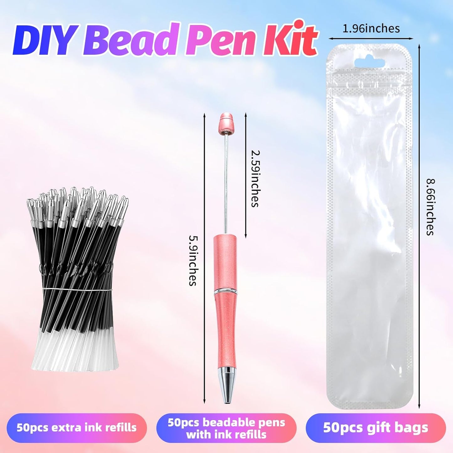 150 Pieces DIY Beadable Pen Kit – 50 Plastic Ballpoint Pens with Refills & Bags, Beads Not Included – School Supplies, Office Accessories & Craft Gifts for Students & Teachers (Multicolor)