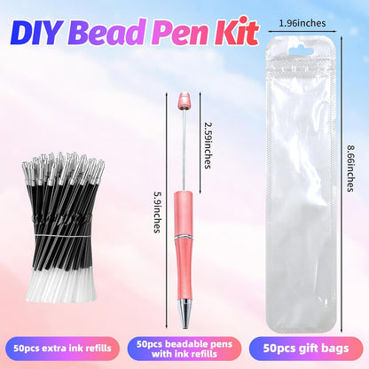 150 Pieces DIY Beadable Pen Kit – 50 Plastic Ballpoint Pens with Refills & Bags, Beads Not Included – School Supplies, Office Accessories & Craft Gifts for Students & Teachers (Multicolor)