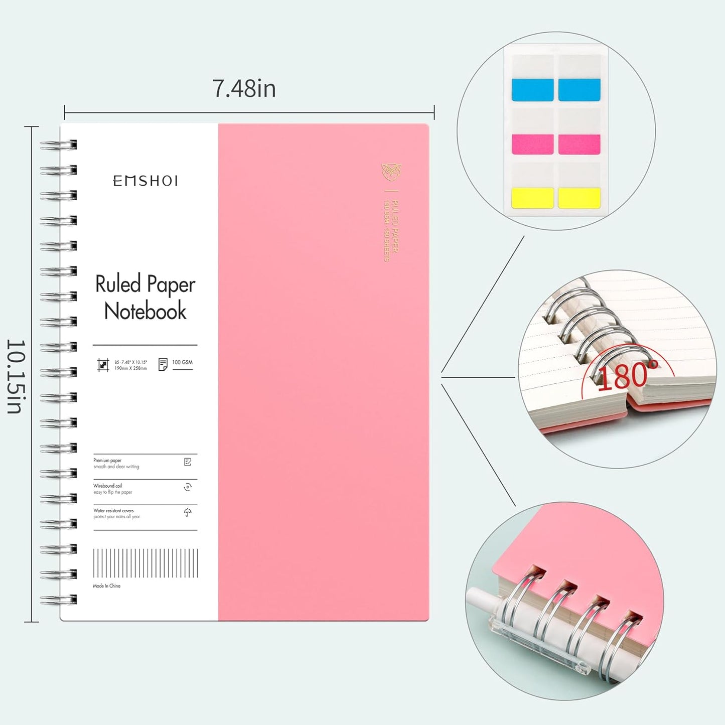 EMSHOI A5 Spiral Notebook College Ruled Lined Journal, Small 5.7" X 8.22", 300 Pages/150 Sheets, 100gsm Thick Paper, Waterproof Hardcover, for Office School Women Men Work Writing Notes, Blue