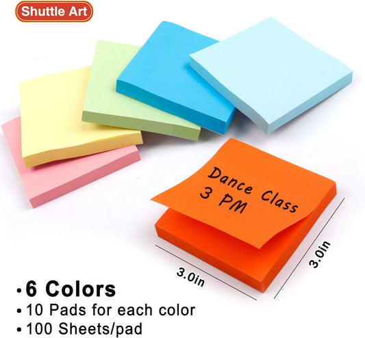 Sticky Notes, Shuttle Art 60 Pads Bright Stickies, 6 Assorted Colors, 3x3 Inches, 100 Sheets/Pad Sticky Pads for Home, School, Office