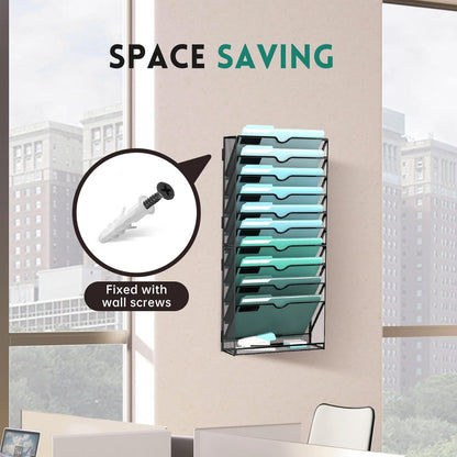 SUPEASY 10-Tier Wall File Organizer, Hanging Wall Files for Papers, Folders, Magazines, Clipboard, Wall Organizer for Office Home School Classroom, Black