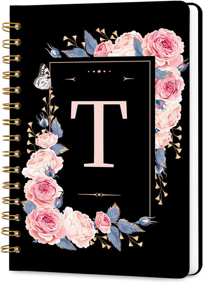 Lined Spiral Journal Notebook, A5 College Ruled Spiral Notebook for Women, Hardcover with Elegant Design for Work and Note-Taking, 5.5 * 8.25 inch, 160 Pages, Letter T
