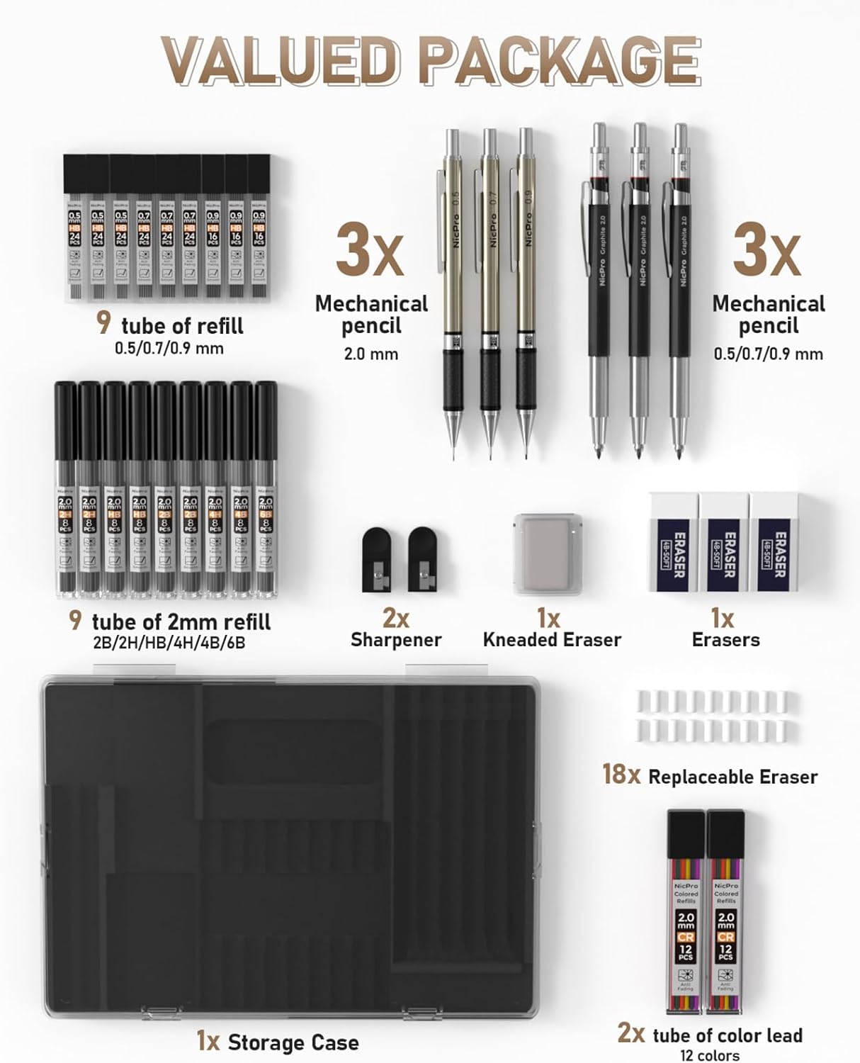 Nicpro 35PCS Art Mechanical Pencil Set, 3 PCS Metal Drafting Pencil 0.5 mm & 0.7 mm & 0.9 mm & 3 PCS 2mm Lead Holder (6B 4B 2B HB 2H 4H Colors) For Sketching Drawing With 20 Tube Lead Refills Case