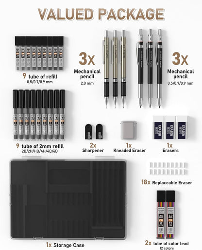 Nicpro 35PCS Art Mechanical Pencil Set, 3 PCS Metal Drafting Pencil 0.5 mm & 0.7 mm & 0.9 mm & 3 PCS 2mm Lead Holder (6B 4B 2B HB 2H 4H Colors) For Sketching Drawing With 20 Tube Lead Refills Case