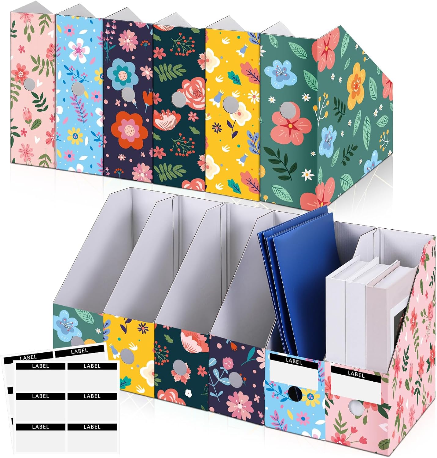 PerKoop 6 Pcs Decorative Magazine File Holders Floral Foldable File Folders Magazine Storage Boxes Rack Desk Organizer Documents with Printable Labels for School Office Home (Floral)