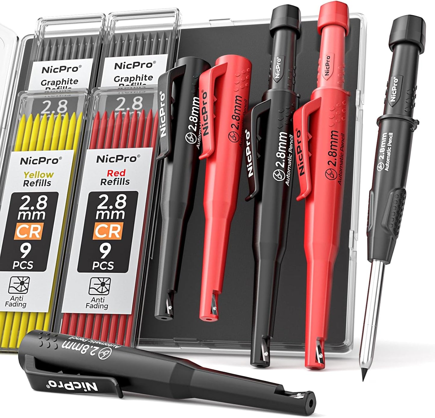 Nicpro 6 Pack CP3000 Carpenter Pencils with Sharpener, Mechanical Pencil Set with 78 Refill, Heavy Duty Construction Pencil, Carpenter Tools for Architect Marking (Red,Black,Yellow,Orange,Green,Blue)