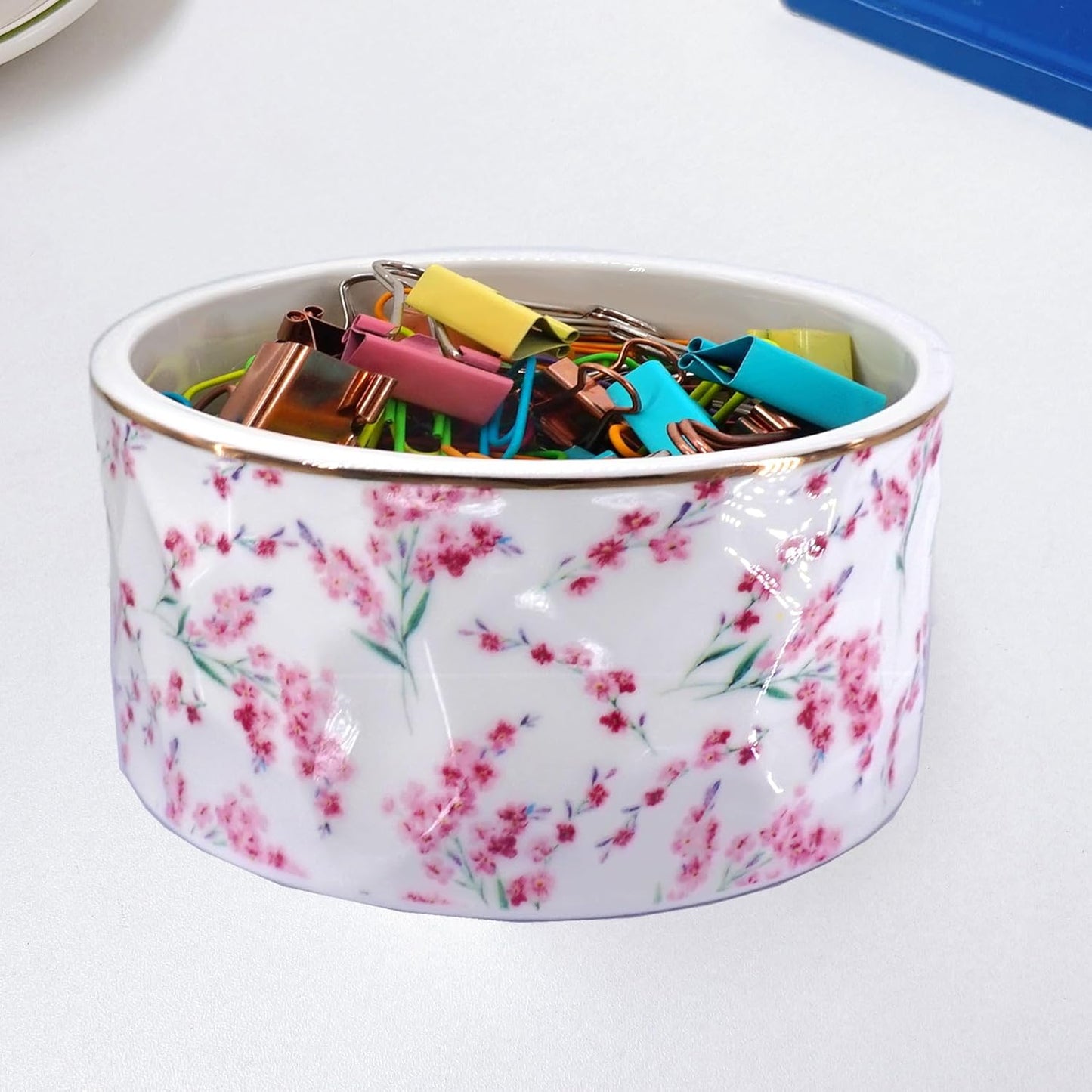 Paper Clip Holder Ceramic Paper Clip Holders Garden Floral Paperclips Holder Dispenser Cute Gold Line Paper Clip Organizer for Desk Binder Clip Holder Bobby Pin Hair Gift for Office Mint Flowers