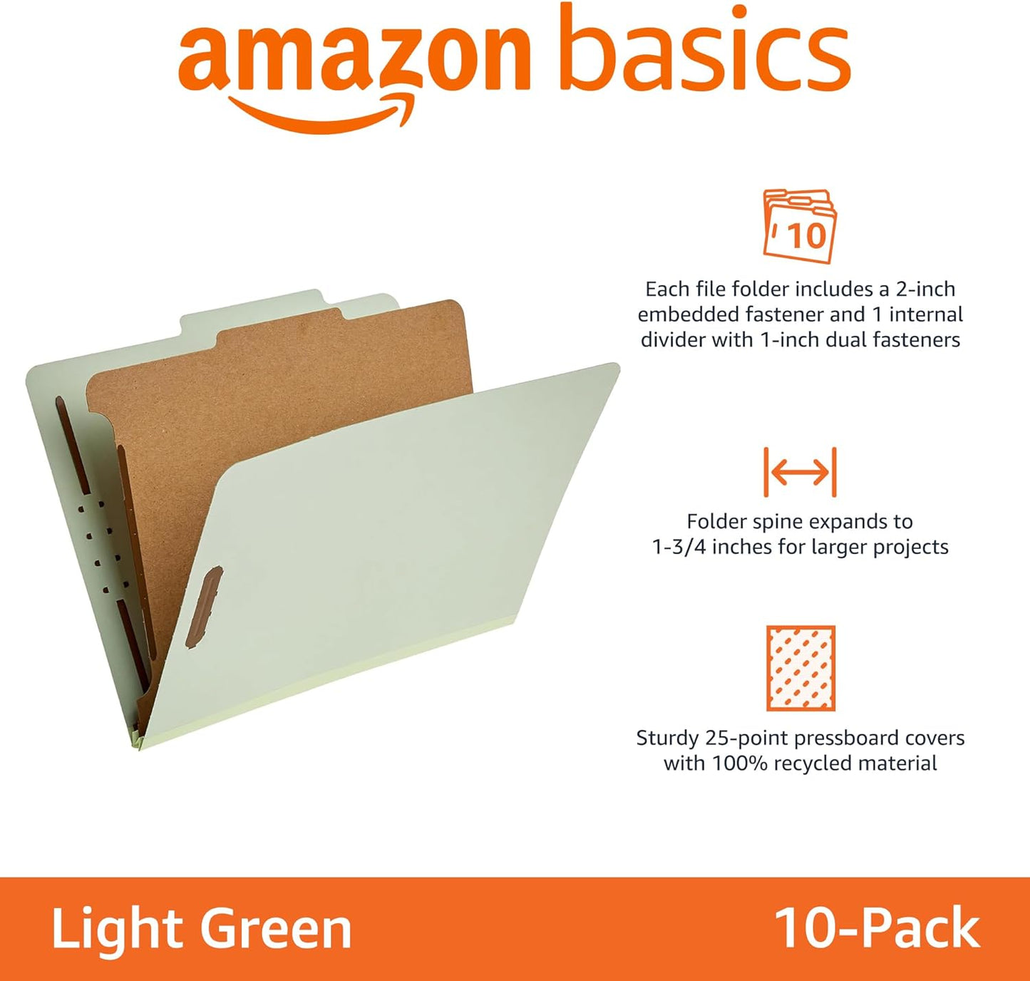 Amazon Basics Classification Folder with Prongs, 100% Recycled, 2 Dividers, 2" Embedded Fasteners, Letter Size, for Documents Organization, Light Blue, 10 Count
