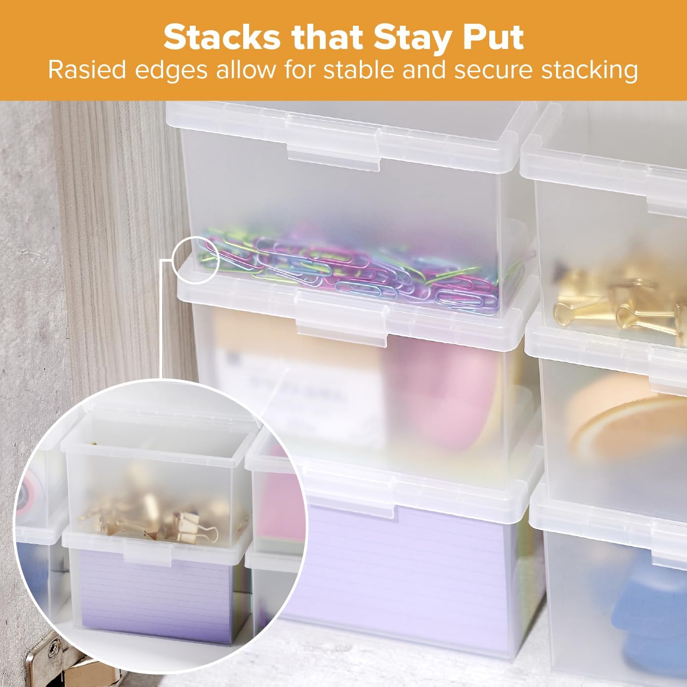 Bostitch Konnect Storage Containers with Lids, Office Organizer, Clear Plastic Box, Stackable for Index Cards, Labels, 1 Qt