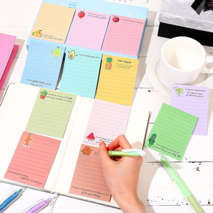 AmazingSpark 12 Pcs Cute Inspirational Sticky Notes, 4*3 Motivational Notepads Positive Emotional Support Gift Funny Lined Memo Note Pads for Office Desk Supplies Coworker Employee(Fruits,Vegetables)