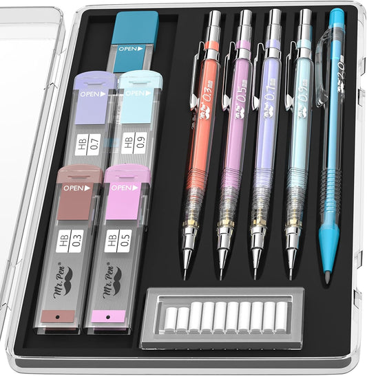 Mr. Pen- Art Mechanical Pencil Set, 5 Vintage Mechanical Pencils (0.3, 0.5, 0.7, 0.9, 2.0mm), 5 HB Lead Refills & 10 Eraser Refills, Precision Drawing Pencils for Sketching, Writing & Artwork