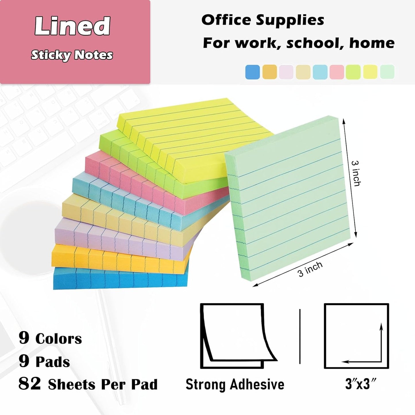 9 Pack Lined Sticky Notes 4x6 in Post Sticky Notes with Lines, 9 Bright Colors Self Sticky Notes Pad Its, Large Ruled Sticky Note for Office, Home, 35 Sheets/Pad