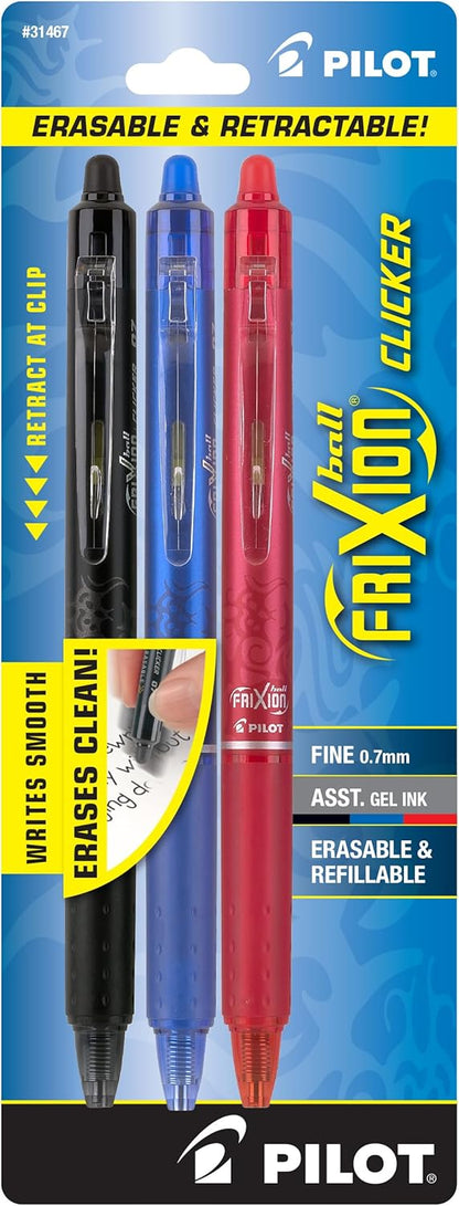 PILOT FriXion Clicker Erasable Pens, Refillable & Retractable Gel Ink Pens, Fine Point 0.7 mm, Black Ink, 3-Pack - Ideal for School, Journaling, & Office Writing