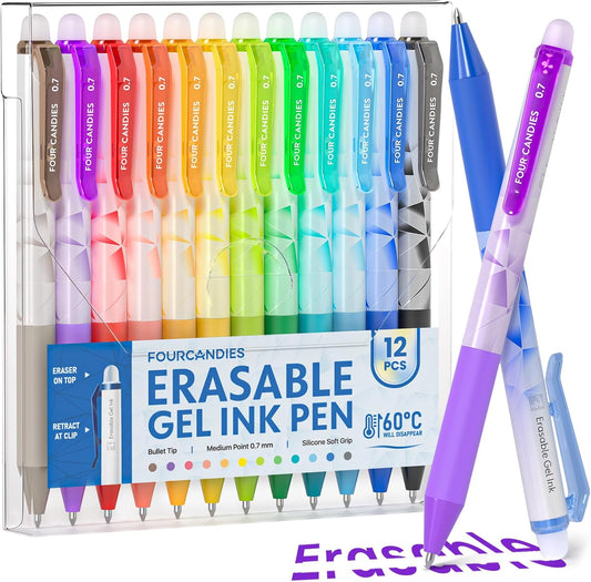Four Candies Erasable Gel Pens, 0.7 mm Medium Point, Retractable Erasable Pens, Make Mistakes Disappear, 12 Assorted Colors for Drawing, Writing & Planners