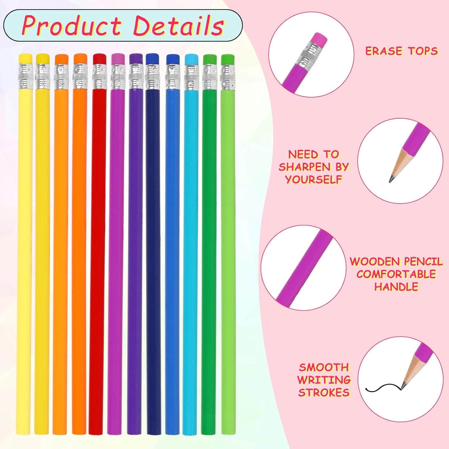 Whaline 48Pcs Colorful Pencils with Erasers Back to School Rainbow Color Wooden Pencil Unsharpened Writing Drawing Pencil for Students Graduation School Office Stationery Gift