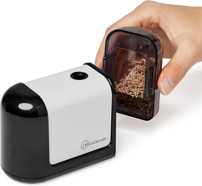 OfficeGoods Mini-Pro Electric Pencil Sharpener - Cordless Portable Sharpener - Battery Operated - Compact & Powerful for Home, Office & School - White