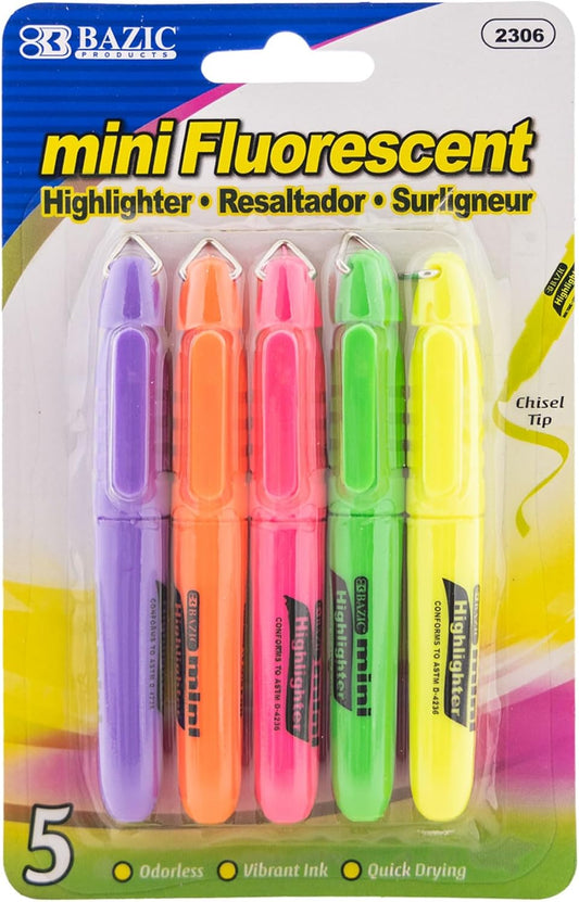 BAZIC PRODUCTS Mini Highlighter – Pastel Color Assorted Chisel Tip Highlighter Set, Desk Style Highlighter Pen for Office, School, and Study Use, Smooth Marking, (5/Packs), 1-Pack