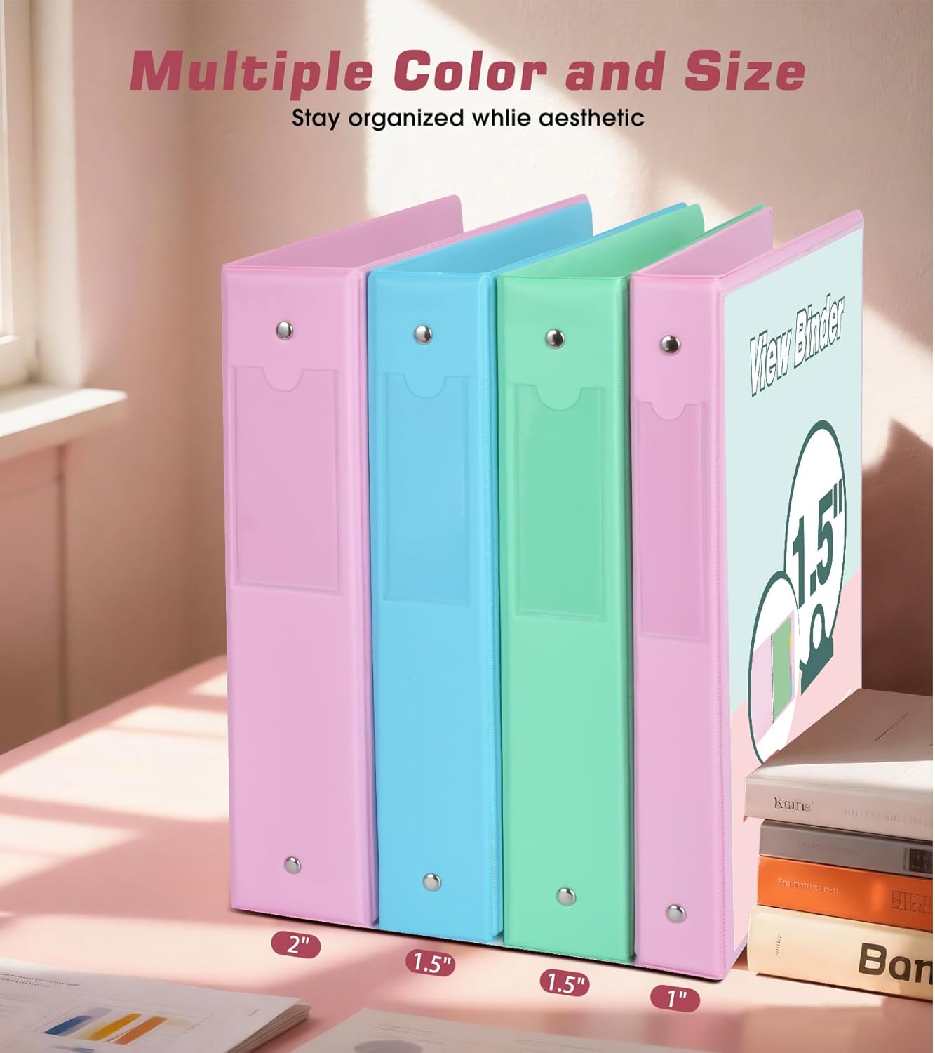 3 Ring Binder 1.5 inch，Cute Binder Organizer with 5 Tab Dividers Fits 175 Sheets of 8.5x11 Paper,Customizable Clear Cover with Inside Pockets,Aesthetic 1.5" Three Ring Binders for School Office,Purple