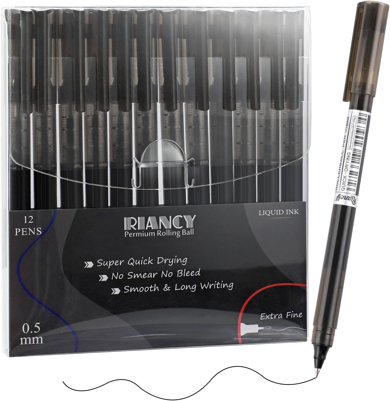 RIANCY 12 Pack Black Liquid Ink Rollerball Gel Pens, 0.5mm Extra Fine Point Tip, Smooth Writing Quick Drying No Smear No Bleed for Journaling, Drawing, Sketching, School Notes & Art Supplies