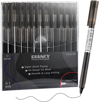 RIANCY 12 Pack Black Liquid Ink Rollerball Gel Pens, 0.5mm Extra Fine Point Tip, Smooth Writing Quick Drying No Smear No Bleed for Journaling, Drawing, Sketching, School Notes & Art Supplies
