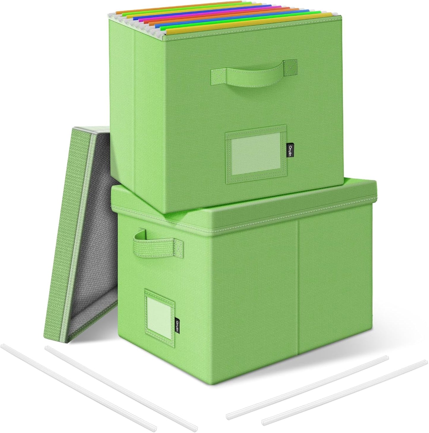 File Organizer Box with Lid, Linen Hanging File Storage Box with Handle, Collapsible Document Filling Box for Letter/Legal Folder, Portable File Box for Office/Decor/Home (1 Pack, Green)