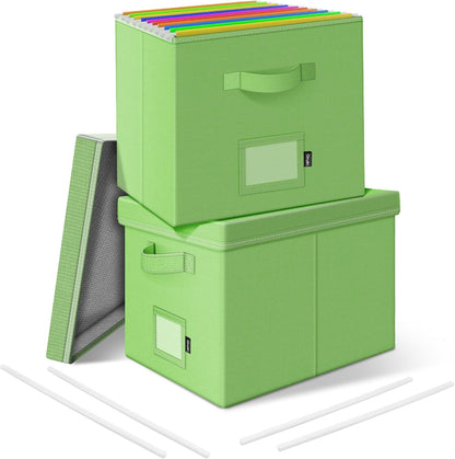 File Organizer Box with Lid, Linen Hanging File Storage Box with Handle, Collapsible Document Filling Box for Letter/Legal Folder, Portable File Box for Office/Decor/Home (1 Pack, Green)