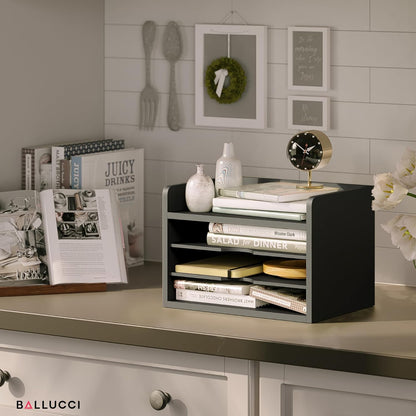 Ballucci File Organizer, 4-Tier Office Desk Organizer, Open Top Wood Paper Organizer for Classroom, Desktop Mail Sorter Paper Tray, Black