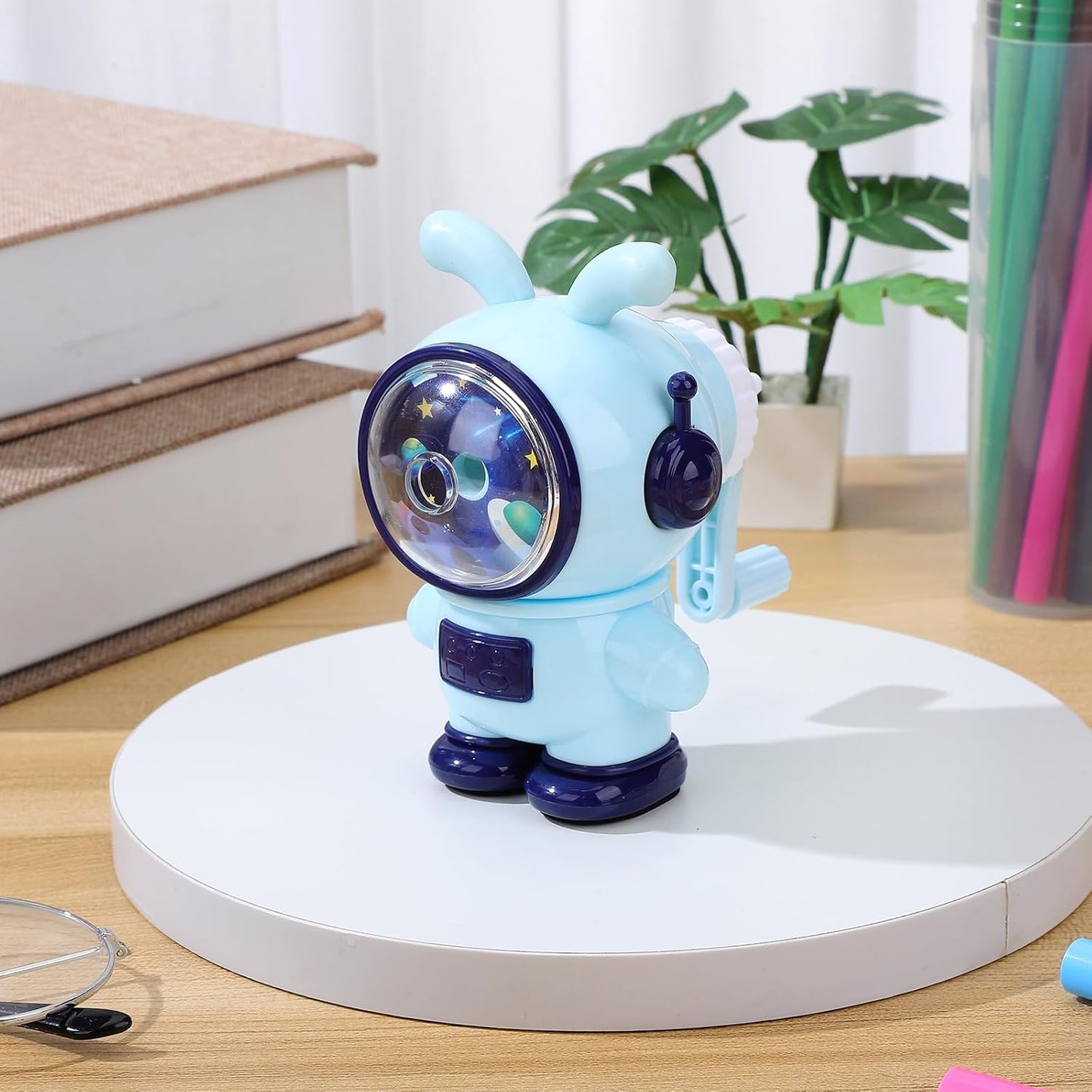 jojofuny Cute Rabbit Astronaut Pencil Sharpener for Kids - Heavy Duty Manual Hand Crank with 3 Sharpness Levels, Large Shavings Tray - Cool Space Theme School Supplies Gift for Boys & Girls